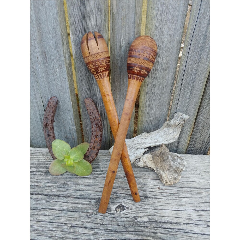 Vintage Handcarved Hardwood Serving Fork And Spoon Set
